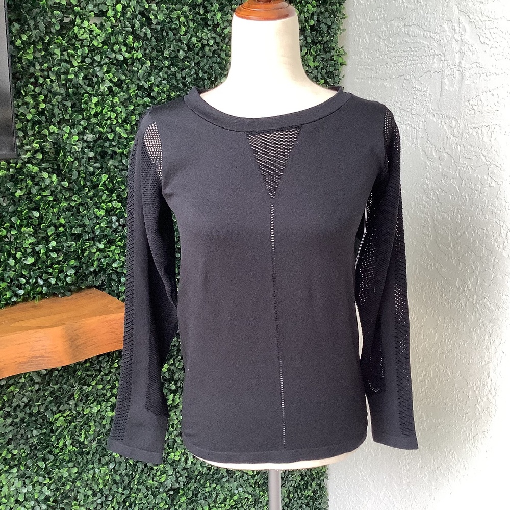 Lysse Black Long Sleeve Top with Mesh Detail, Size Large, NWT